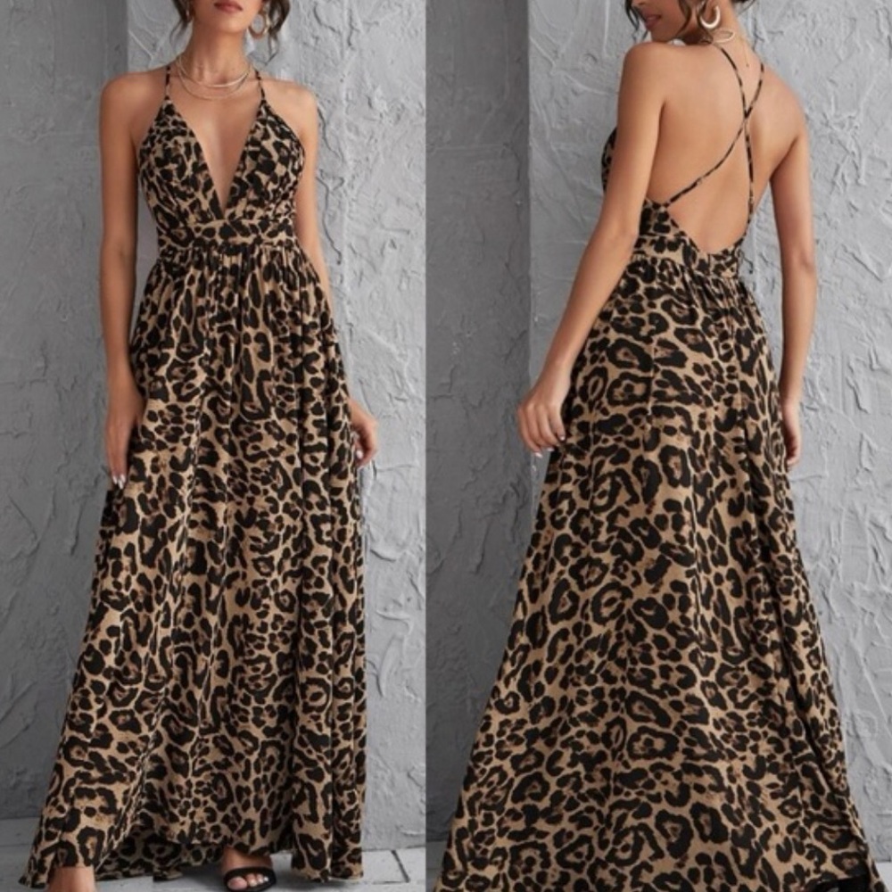 Boho Leopard Maxi Dress with deep plunge